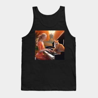 A Female Pianist With An Orange Cat Sitting On The Piano In The English Countryside With An Autumn Mist Tank Top